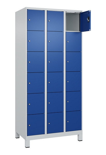 C+P Schließfachschrank Evolo PLUS, mit Füßen, 18 Fächer, 1950x900x500mm, 7035/5, Frontfarbe RAL 5010 Enzianblau, 049010-306 S10006
