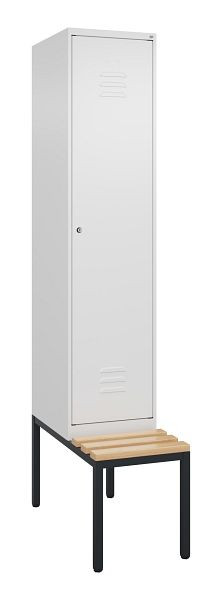 C+P Umkleidespind Classic PLUS, mit untergebauter Sitzbank, 2120x400x815mm, 9016/9016, Zylinderschloss, Buche-Sitzleisten, 0800507-12 S10058