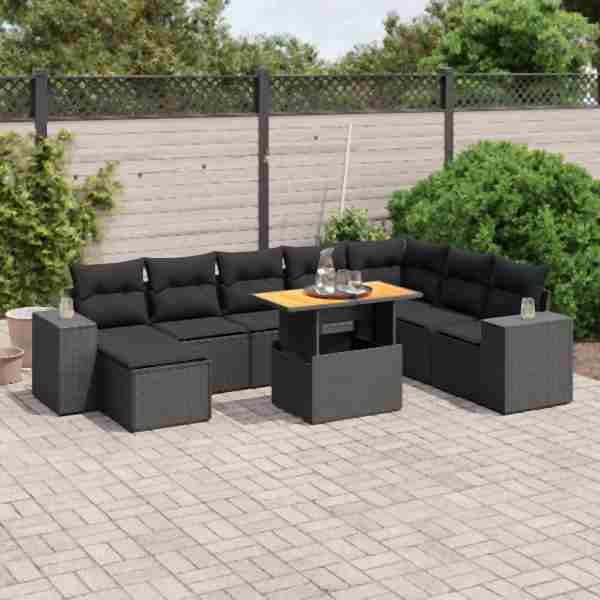 vidaXL 9-tlg. Garten-Sofagarnitur mit Kissen Schwarz Poly Rattan, UV-beständig, 3275960