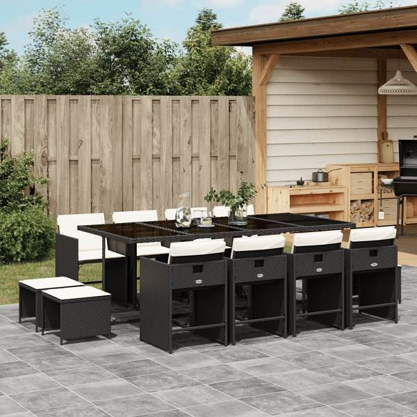 vidaXL 13-tlg. Garten-Essgruppe mit Kissen Schwarz Poly Rattan, UV-beständig, 3277925