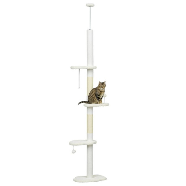 PawHut Deckenhoher Kratzbaum, variable Höhe 2,25-2,55 m, Sitzplattformen, Kippschutz, Bälle, D30-716V00WT