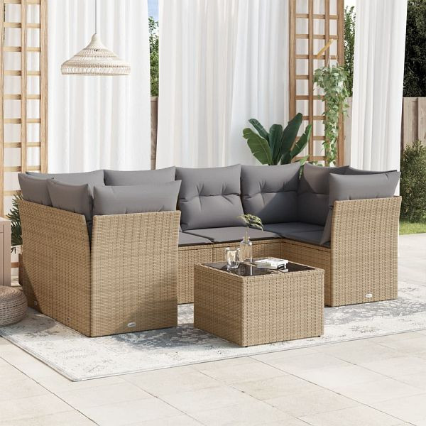 vidaXL 7-teilig Garten-Sofagarnitur mit Kissen Beige Poly Rattan, 3217269