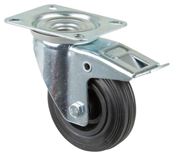 BS Rollen Transportrolle mit Feststeller, Breite 30 mm, Ø100 mm, bis 70 kg, Gummi schwarz, Rollenlager, Platte, VE: 4 Stück, L420.B45.100