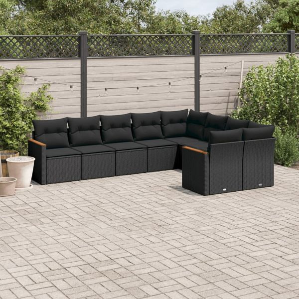 vidaXL 9-teilig Garten-Sofagarnitur mit Kissen Schwarz Poly Rattan, 3226300
