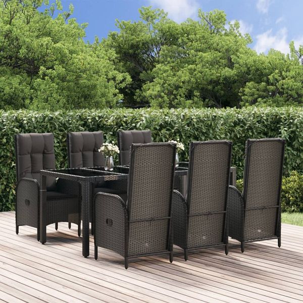 vidaXL 7-teilig Garten-Essgruppe mit Kissen Schwarz und Grau Poly Rattan, 3185057