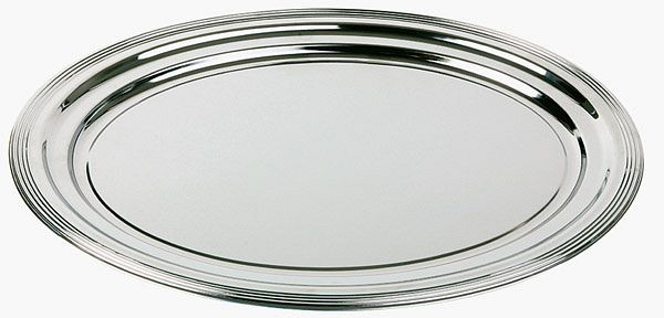 APS Partyplatte, oval -CLASSIC-, 46 x 34 cm, Metall, vernickelt und glanzverchromt, mit Liniendekor, Rand eingerollt, VE: 48 Stück, 00398
