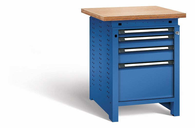 Otto Kind Werkbank Serie function Typ 108, Multiplexplatte, überstehend, 4 Schubladen, mit Zentralverschluss, komplett RAL 5010, 072325213