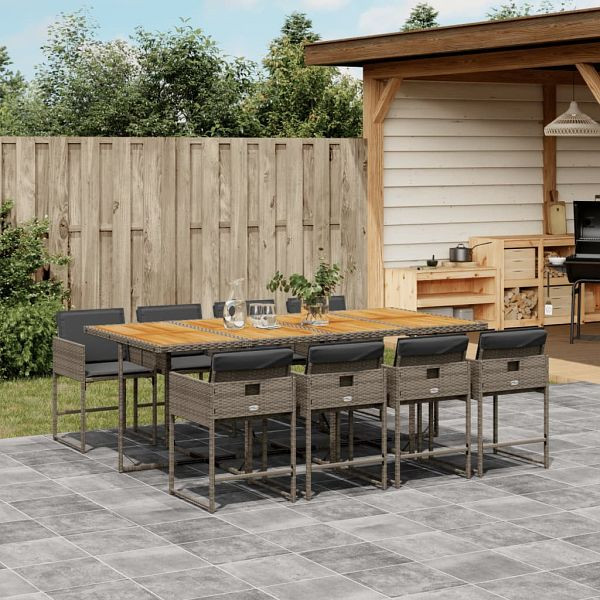 vidaXL 9-teilig Garten-Essgruppe mit Kissen Grau Poly Rattan, 3278053