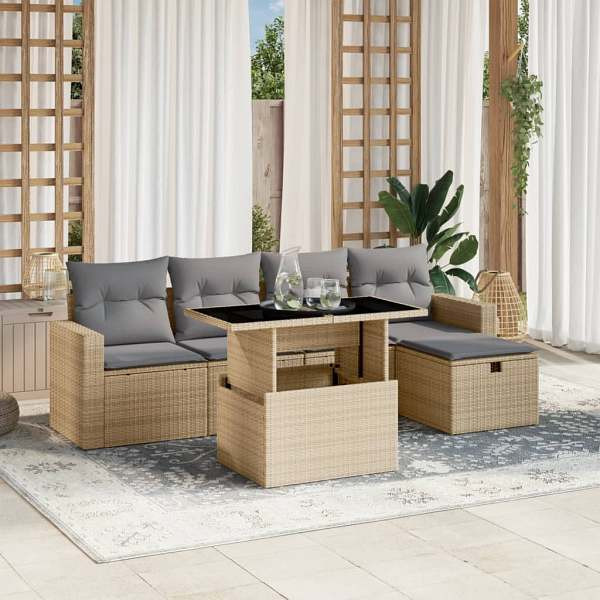 vidaXL 6-tlg. Garten-Sofagarnitur mit Kissen Beige Poly Rattan, UV-beständig, 3274809