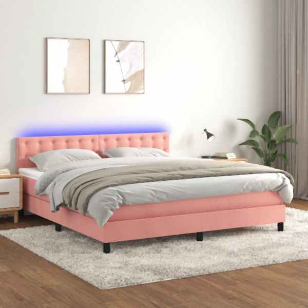vidaXL Boxspringbett mit Matratze & LED Rosa 160x200 cm Samt, 3134656