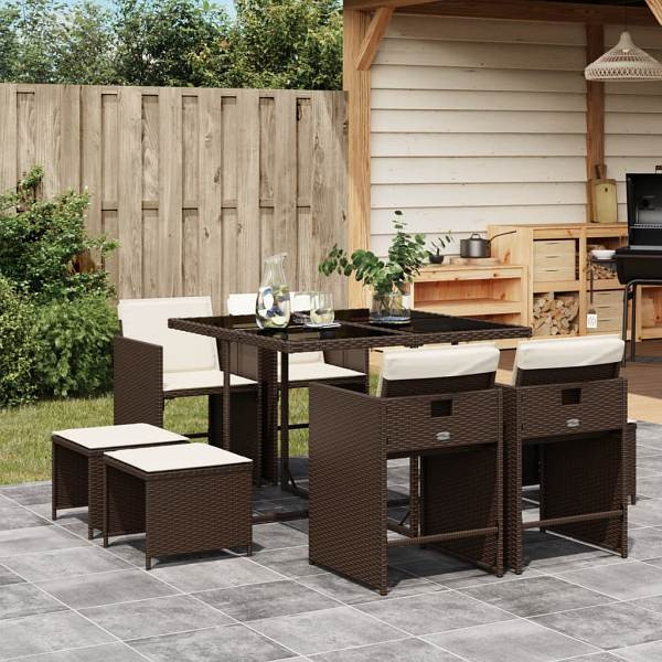 vidaXL 9-tlg. Garten-Essgruppe mit Kissen Braun Poly Rattan, UV-beständig, 3277904