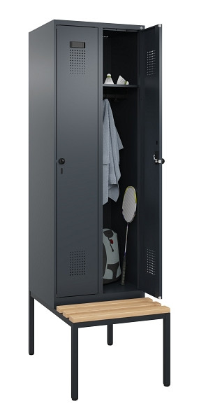 C+P Spind Evolo PLUS, 2 Abteil, 2120x600x815mm, 7016/7016, Drehriegel, Sitzfläche Buche-Hartholz, Sitzbank, 0490507-20 S10016