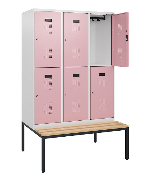 C+P Doppelstöckiger Spind Evolo PLUS, Bank, 6 Fächer, 1950x1200x815mm, 9016/3015, Zylinderschloss, Sitzfläche Buche-Hartholz, Sitzbank, 0493505-32 S10046