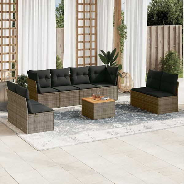 vidaXL 9-teilig Garten-Sofagarnitur mit Kissen Grau Poly Rattan, 3223582