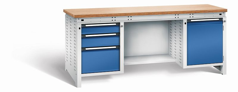 Otto Kind Werkbank Serie function Typ 304, Multiplexplatte 40 mm, bündig, 2x Unterbau + mittleres Feld, Gehäuse RAL 7035, Front RAL 5010, 072359186