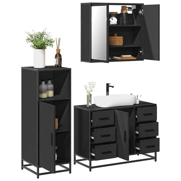 vidaXL 3-tlg. Badmöbel-Set Schwarz Holzwerkstoff, 3300960