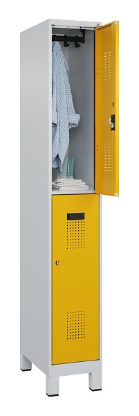 C+P Doppelstöckiger Spind Evolo PLUS, mit Füßen, 2 Fächer, 1950x300x500mm, 7035, Frontfarbe RAL 1004 Goldgelb, Zylinderschloss, 049310-10 S10027
