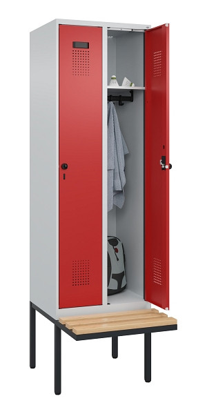 C+P Spind Evolo PLUS, 2 Abteil, 2120x600x815mm, 7035/3000, Drehriegel, Sitzfläche Holz, 0490407-20 S10003