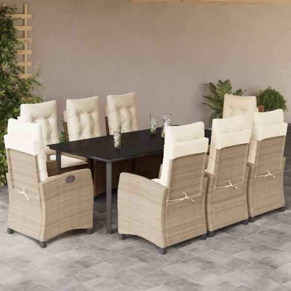vidaXL 9-tlg. Garten-Essgruppe mit Kissen Beige Poly Rattan, UV-beständig, 3212821