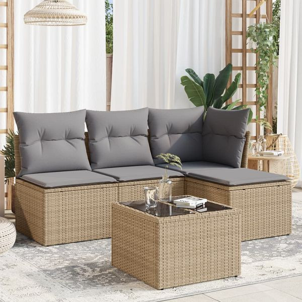 vidaXL 5-teilig Garten-Sofagarnitur mit Kissen Beige Poly Rattan, 3249348