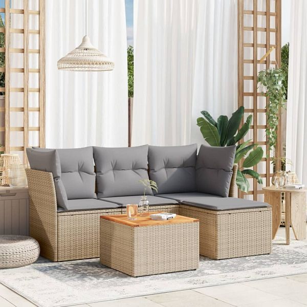 vidaXL 5-teilig Garten-Sofagarnitur mit Kissen Beige Poly Rattan, 3223609