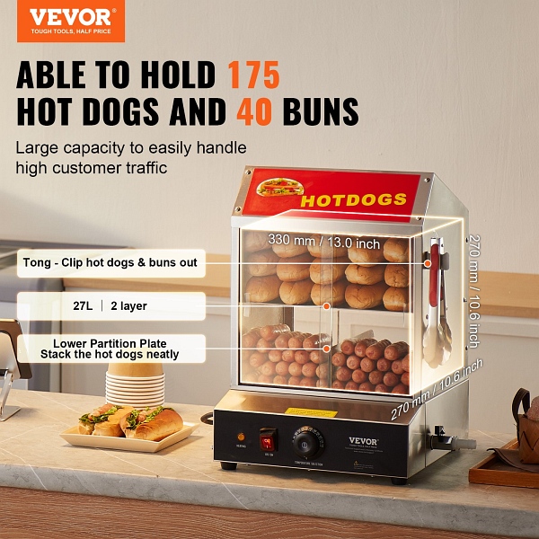 VEVOR Hot Dog Dampfgarer & Brötchenwärmer 27L Produktbild-Vorschau 4