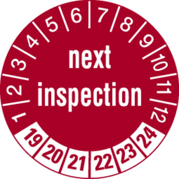 Schilder Klar Prüfetikett next inspection ab 23 rot/weiß, 30 mm Folie selbstklebend, VE: 40 Stück, 43/68.23