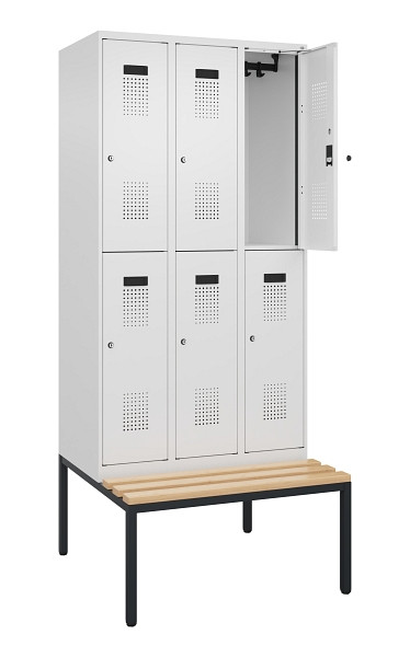 C+P Doppelstock-Spind Evolo PLUS, Bank, 6 Fächer, 2120x900x815mm, 9016/9016, Zylinderschloss, Sitzfläche Buche-Hartholz, Sitzbank, 0493507-30 S10047