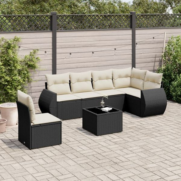 vidaXL 7-teilig Garten-Sofagarnitur mit Kissen Schwarz Poly Rattan, 3221435