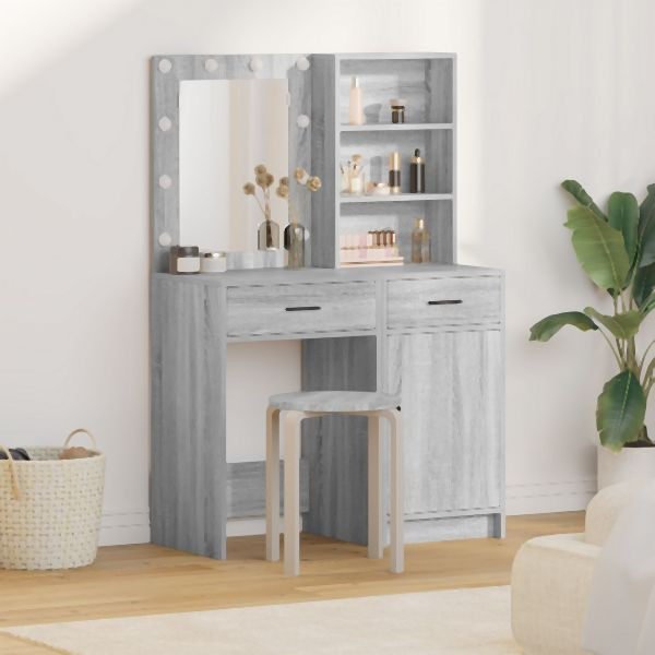 vidaXL 2-teilige Schminktischgarnitur mit LED Grau Sonoma Holzwerkstoff, 3334277