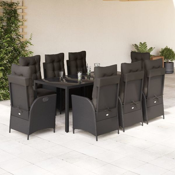 vidaXL 9-tlg. Garten-Essgruppe mit Kissen Schwarz Poly Rattan, 3213325
