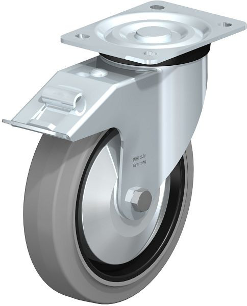 Blickle L-POEV 200KD-FI-SG-FA Stahlblech-Lenkrolle, mittelschwere Ausführung, mit Anschraubplatte & Feststeller, Elastik-Vollgummi, Grau, 749382