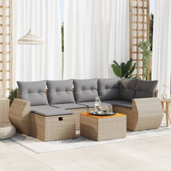 vidaXL 7-tlg. Garten-Sofagarnitur mit Kissen Beige Poly Rattan, 3325846