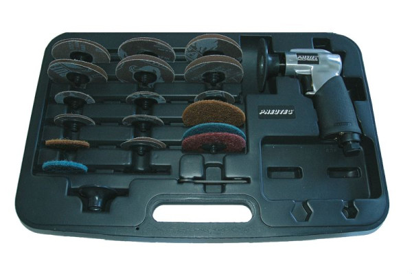 Pneutec Mini-Tellerschleifer-Set im Kunststoffkoffer mit 75 mm Ø Stützteller und umfangreichem Zubehör, 92 252
