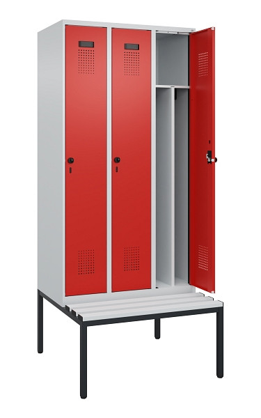 C+P Spind Evolo PLUS, 3 Abteile, 2120x900x815mm, 7035/3020, Haken 4, Drehriegel, Sitzfläche Kunststoff, Sitzbank, 0490507-30F S10059