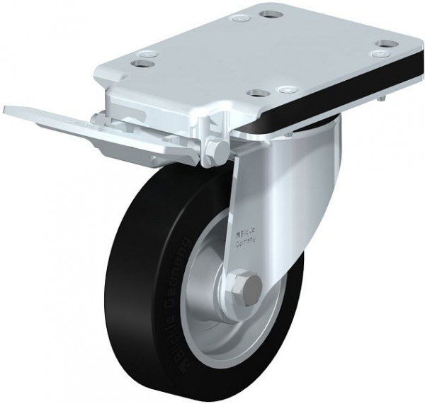 Blickle LK-ALEV 125K-3-IS Stahlblech-Lenkrolle, schwere Ausführung, mit Anschraubplatte & Feststeller, Elastik-Vollgummi, Schwarz, 762139