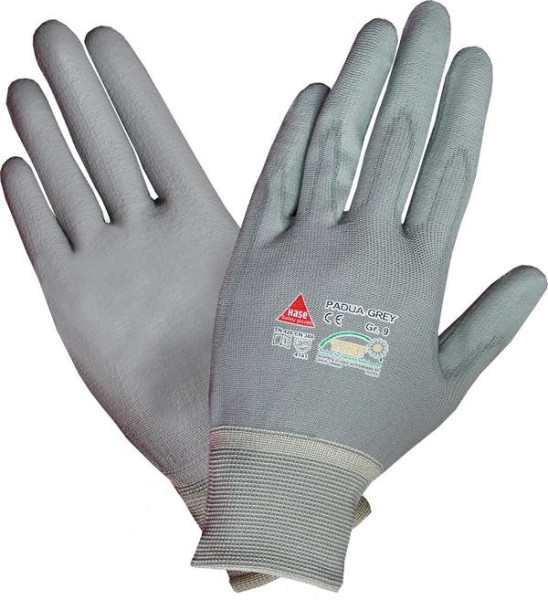 Hase Safety PADUA grey, 5-Fg.-Sicherheitshandschuhe, Nylon/PU, waschbar, Größe: 6, VE: 10 Paar, 508100-6