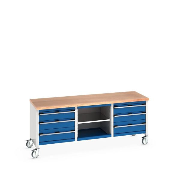 bott cubio Kastenwerkbank mobil 6 Schubladen, Ablage, Multiplex-Arbeitsplatte, BxTxH: 2000x750x840mm, RAL 7035/5010, Enzianblau, 41002130.11V