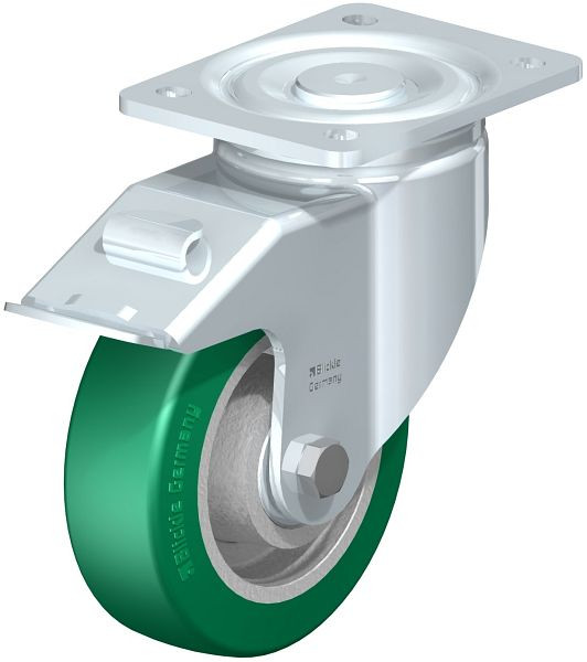 Blickle LH-GST 150K-FI Stahlblech-Lenkrolle, Schwerlast-Ausführung, mit Anschraubplatte & Feststeller, Blickle Softhane®, Grün, 754609