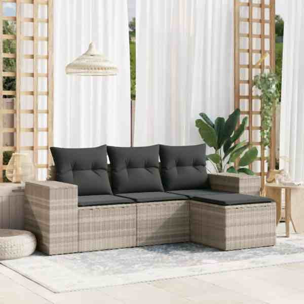 vidaXL 4-tlg. Garten-Sofagarnitur mit Kissen Hellgrau Poly Rattan, UV-beständig, 3254809