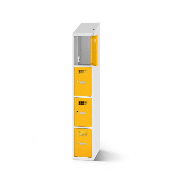 Rotstahl Fächerschrank, 4 Fächer, kurzer Sockel, mit Ladefunktion, Schrägdach, Korpus: lichtgrau, Türen: verkehrsgelb, 2180-010400-0401112-7035-1023