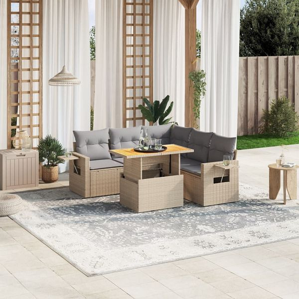 vidaXL 6-teilig Garten-Sofagarnitur mit Kissen Beige Poly Rattan, 3271752