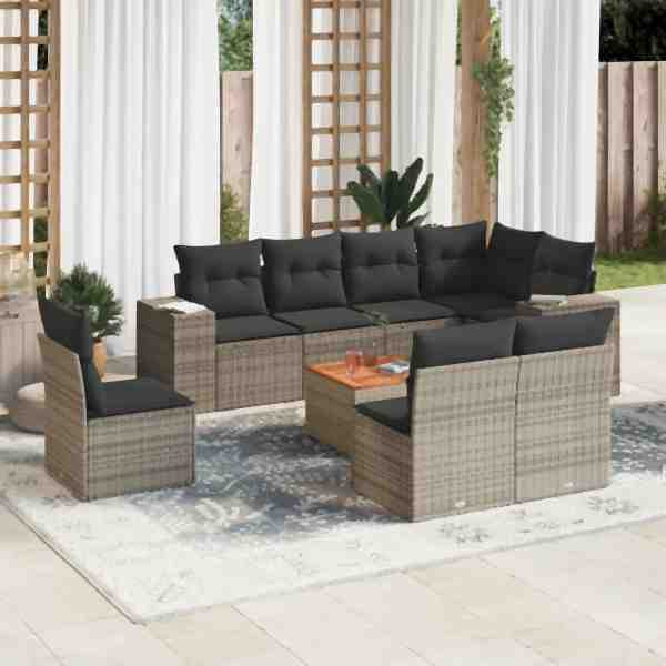vidaXL 9-tlg. Garten-Sofagarnitur mit Kissen Grau Poly Rattan, UV-beständig, 3225486