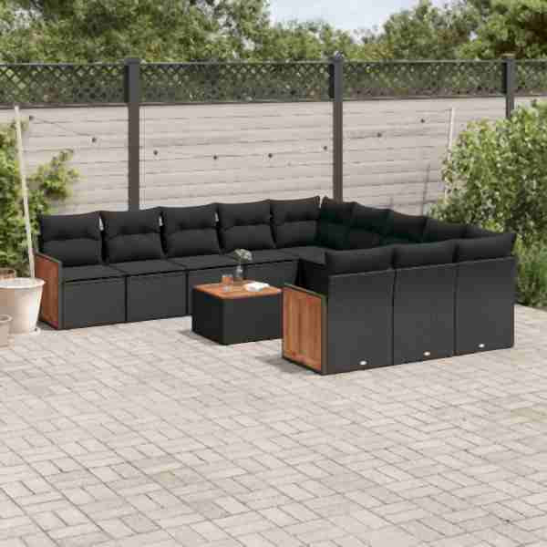 vidaXL 12-tlg. Garten-Sofagarnitur mit Kissen Schwarz Poly Rattan, UV-beständig, 3228113