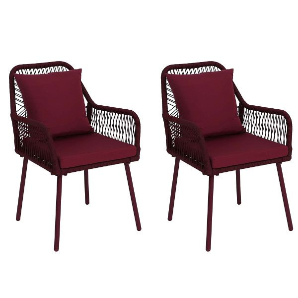 Mendler 2er-Set Gartenstuhl HWC-O12, Outdoor Sitz-/Rückenpolster Aluminium Seilgeflecht Rope, bordeaux, Bezug bordeaux, 120171