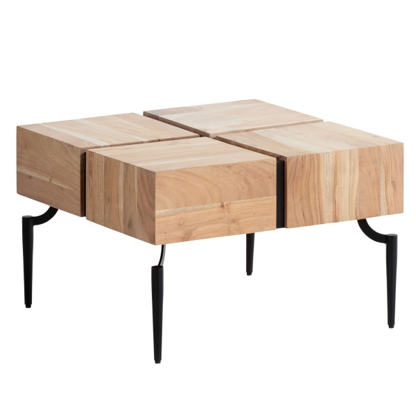 Wohnling Couchtisch Akazie Massivholz 60x60x40 cm Quadratisch mit Metallgestell, Kleiner Sofatisch Würfel-Form, Kaffeetisch Cube Braun/Schwarz, WL6.979