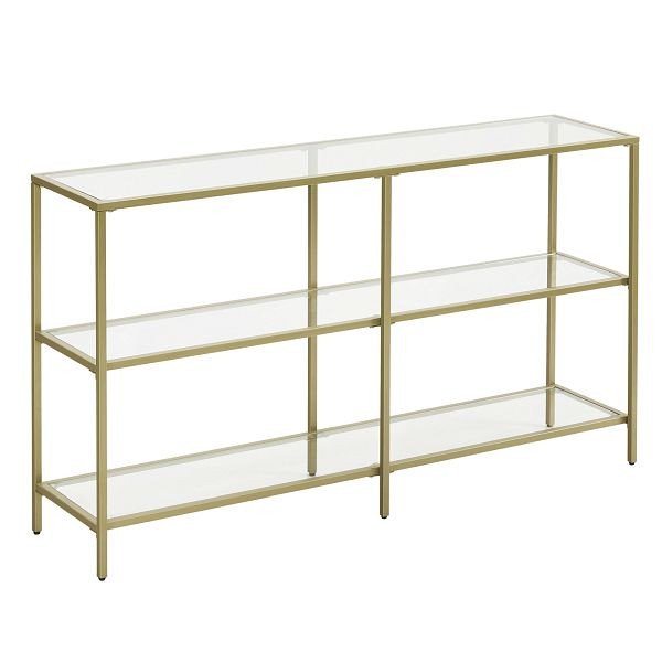 VASAGLE Konsolentisch, Sofatisch mit 3 Regalen, Regal aus gehärtetem Glas, 130 x 30 x 73,3 cm, Metallrahmen, goldfarben, LGT024A01