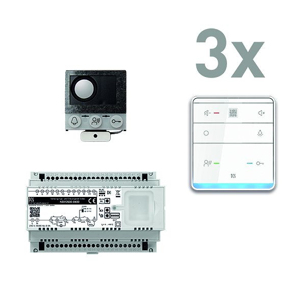 TCS Türkontrollsystem audio: pack PRO Einbau für 3 Wohneinheiten, mit Einbaulautsprecher ASI12000+3x Freisprecher ISW6010+Steuergerät NBV2600, PAIF030/005