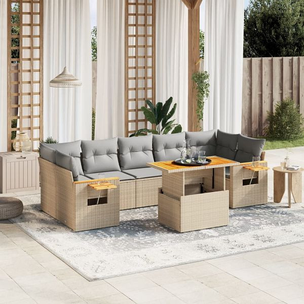 vidaXL 8-teilig Garten-Sofagarnitur mit Kissen Beige Poly Rattan, 3273432