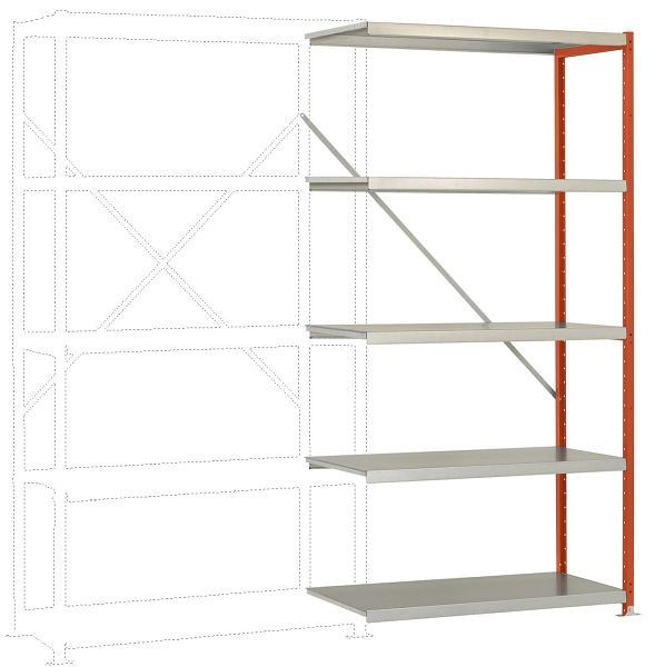 Manuflex Mittelschweres Fachboden-Steckregal Anbauregal mit 5 Stahlböden, HxBxT = 2000 x 1000 x 600 mm, rotorange, RP1120.2001